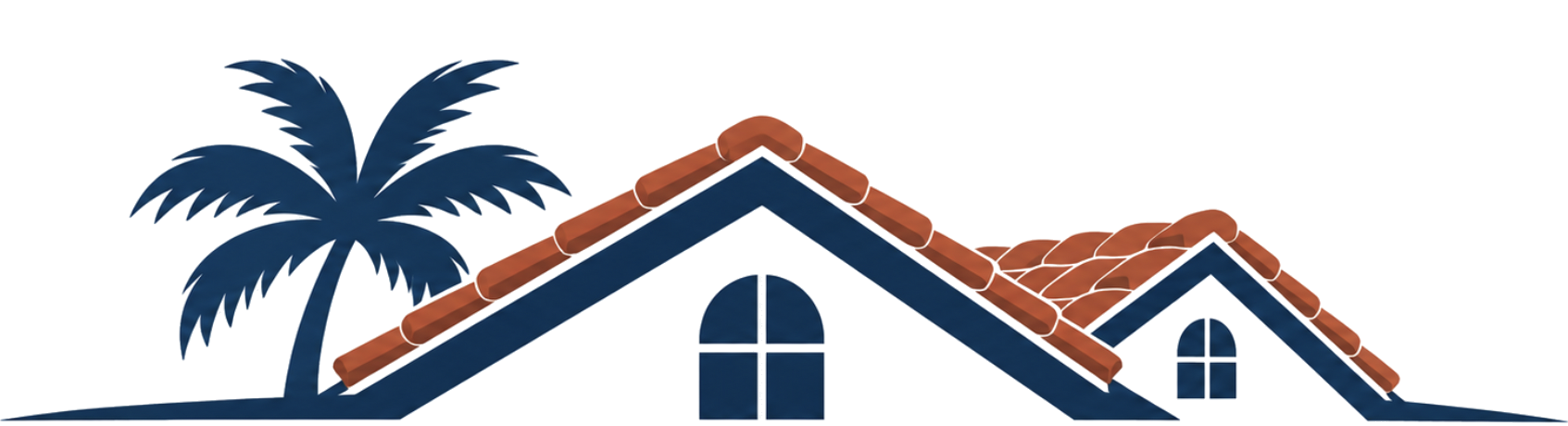 Illustration of tile roof homes and a palm tree, from the JK Stevens Roofing logo